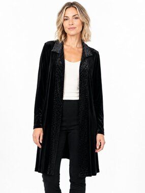 Picadilly Black Velvet Long Open Cardigan Jacquard Collar Size M